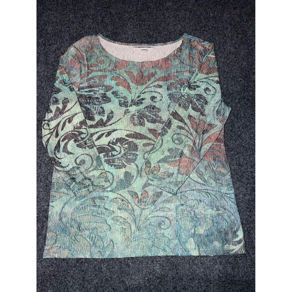 Coldwater Creek Green Floral Crinkle Blouse Womens Medium M 10-12 Long Sleeve